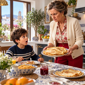 Mi hijo extendió un plato de panqueques y sonrió: “Abuela, son para ti”, pero ella lo tiró al suelo de una patada y lo rechazó delante de todos. Mi esposo la echó de casa en ese mismo instante. Yo no dije nada; saqué mi teléfono cuando el niño empezó a sentirse mal. Lo que apareció después en un video de menos de un minuto cambió nuestra familia para siempre.