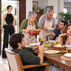 Volví con mi esposo pensando que cenaría con mi familia, pero mis padres ancianos estaban de pie sirviendo a mis hermanos como si fueran empleados. “Tú te fuiste, así que no vengas a juzgarnos”, me dijeron cuando pregunté por sus medicinas. No respondí; tomé el teléfono y llamé por una deuda atrasada… minutos después, todos supieron que la casa también estaba en juego.